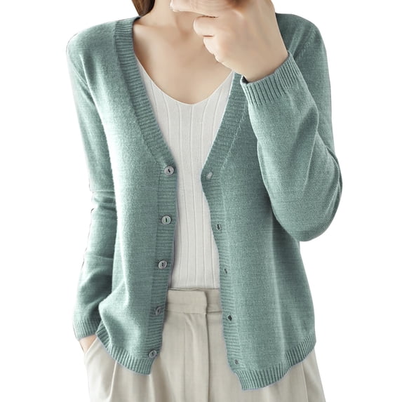 Women's Long Sleeve V-Neck Button Cardigan, Soft Knit Open Front Coat, Solid Color Lightweight Sweater, Spring Fall Transition Wear, Casual Lounge Pullover