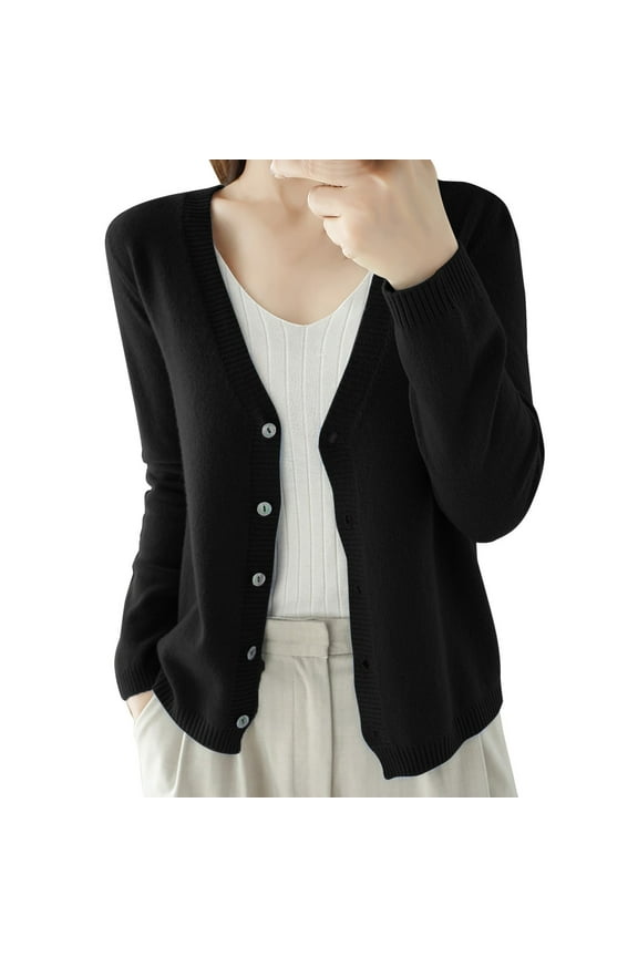 Women's Long Sleeve V-Neck Button Cardigan, Soft Knit Open Front Coat, Solid Color Lightweight Sweater, Spring Fall Transition Wear, Casual Lounge Pullover