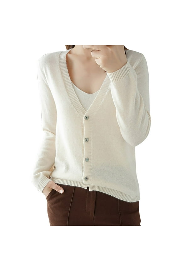 Women's Long Sleeve V-Neck Button Cardigan, Soft Knit Open Front Coat, Solid Color Lightweight Sweater, Spring Fall Transition Wear, Casual Lounge Pullover
