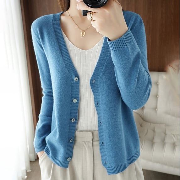 Women's Long Sleeve V-Neck Button Cardigan, Soft Knit Open Front Coat, Solid Color Lightweight Sweater, Spring Fall Transition Wear, Casual Lounge Pullover