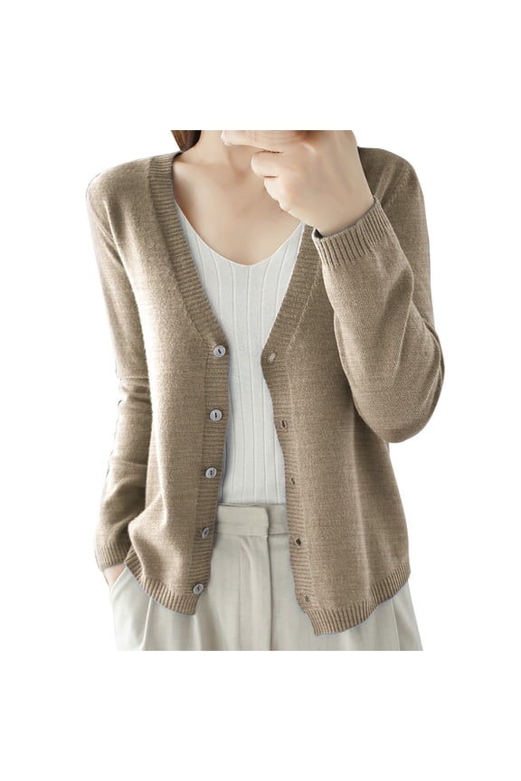 Women's Long Sleeve V-Neck Button Cardigan, Soft Knit Open Front Coat, Solid Color Lightweight Sweater, Spring Fall Transition Wear, Casual Lounge Pullover