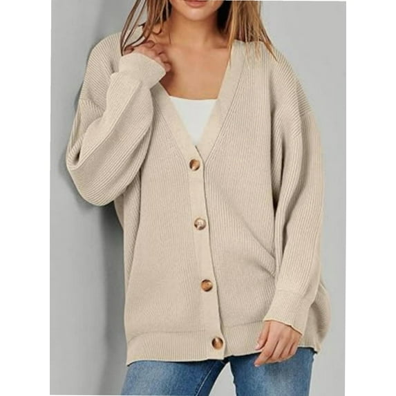 Women's Long Sleeve V-Neck Button Down Cardigan Chunky Oversized Knit Open Front Trendy Sweater Outerwear