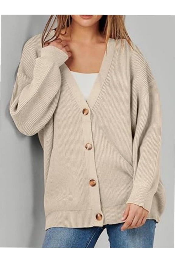 Women's Long Sleeve V-Neck Button Down Cardigan Chunky Oversized Knit Open Front Trendy Sweater Outerwear