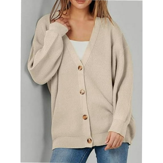 Women's Long Sleeve V-Neck Button Down Cardigan Chunky Oversized Knit Open Front Trendy Sweater Outerwear