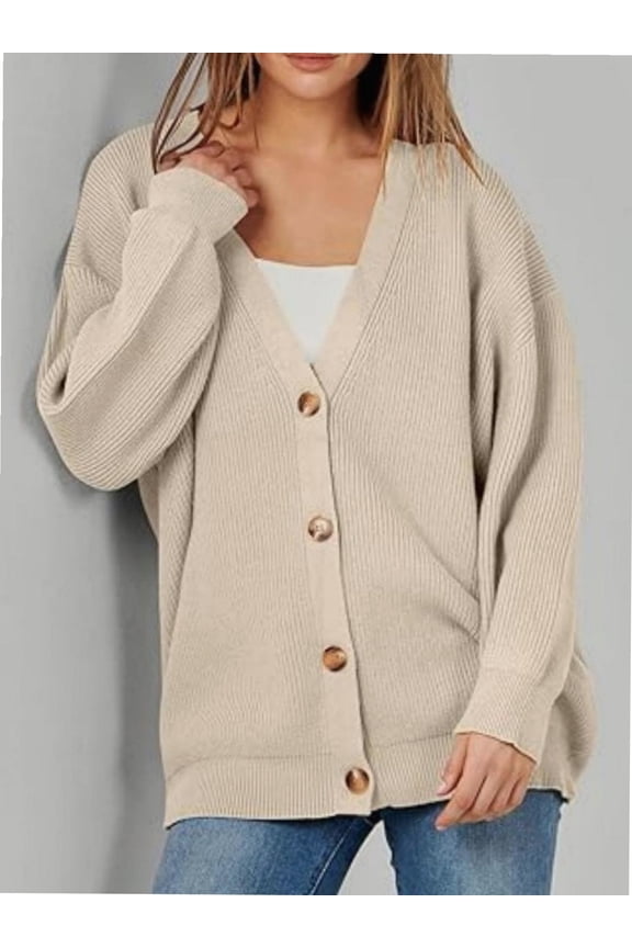 Women's Long Sleeve V-Neck Button Down Cardigan Chunky Oversized Knit Open Front Trendy Sweater Outerwear