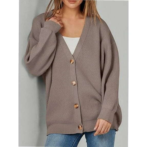 Women's Long Sleeve V-Neck Button Down Cardigan Chunky Oversized Knit Open Front Trendy Sweater Outerwear