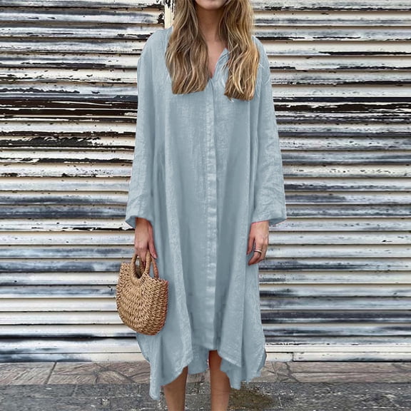 Women's Long Sleeve V Neck Button Down Shirt Dresses Casual Dress with Pocket