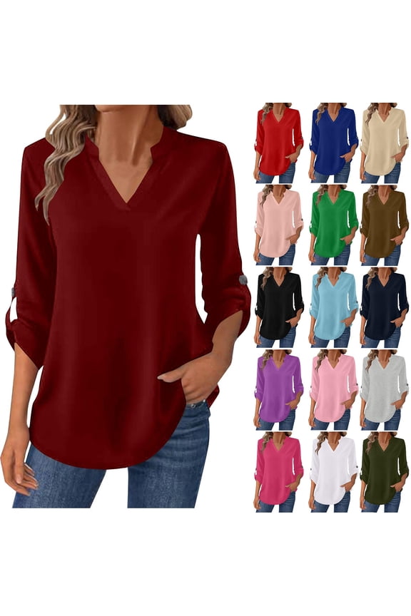 Women's Long Sleeve V Neck Button Down Top Shirts Blouses Solid Color Casual Work Office Business Casual Fashion Essential Gift for Women | Aestivo,Navy L