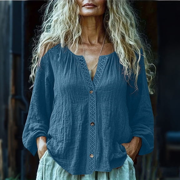 Women's Long Sleeve V-Neck Button Up Cardigan with Linen Material for Spring Summer Wear