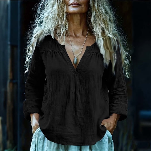 Women's Long Sleeve V-Neck Button Up Shirt with Wrinkled Linen Look for Spring Summer
