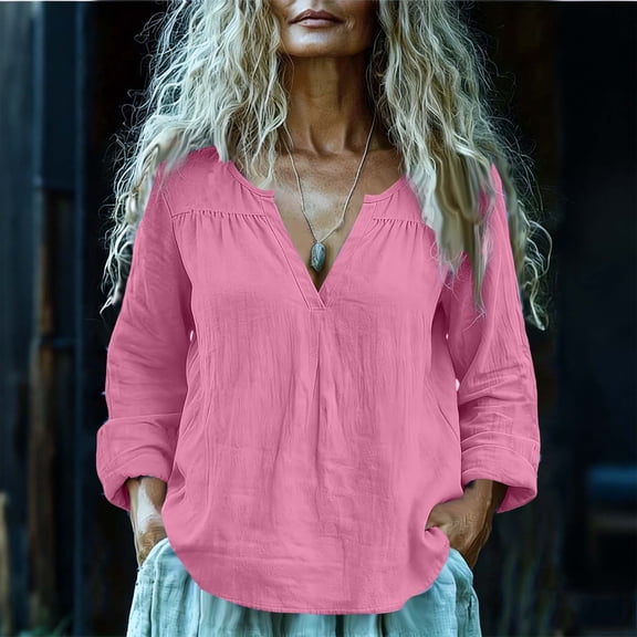 Women's Long Sleeve V-Neck Button Up Shirt with Wrinkled Linen Look for Spring Summer