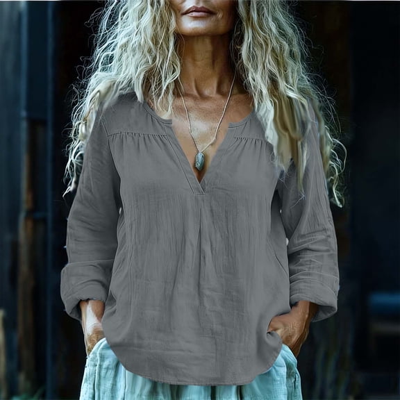 Women's Long Sleeve V-Neck Button Up Shirt with Wrinkled Linen Look for Spring Summer