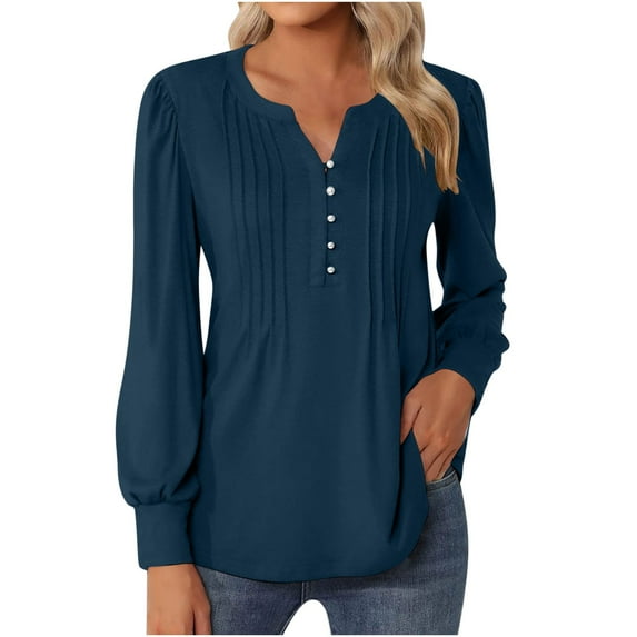 Women's Long Sleeve V Neck Buttons Tunic Shirts Solid Color Casual Cotton Comfy Soft Blouses Pullover Tops Navy,S