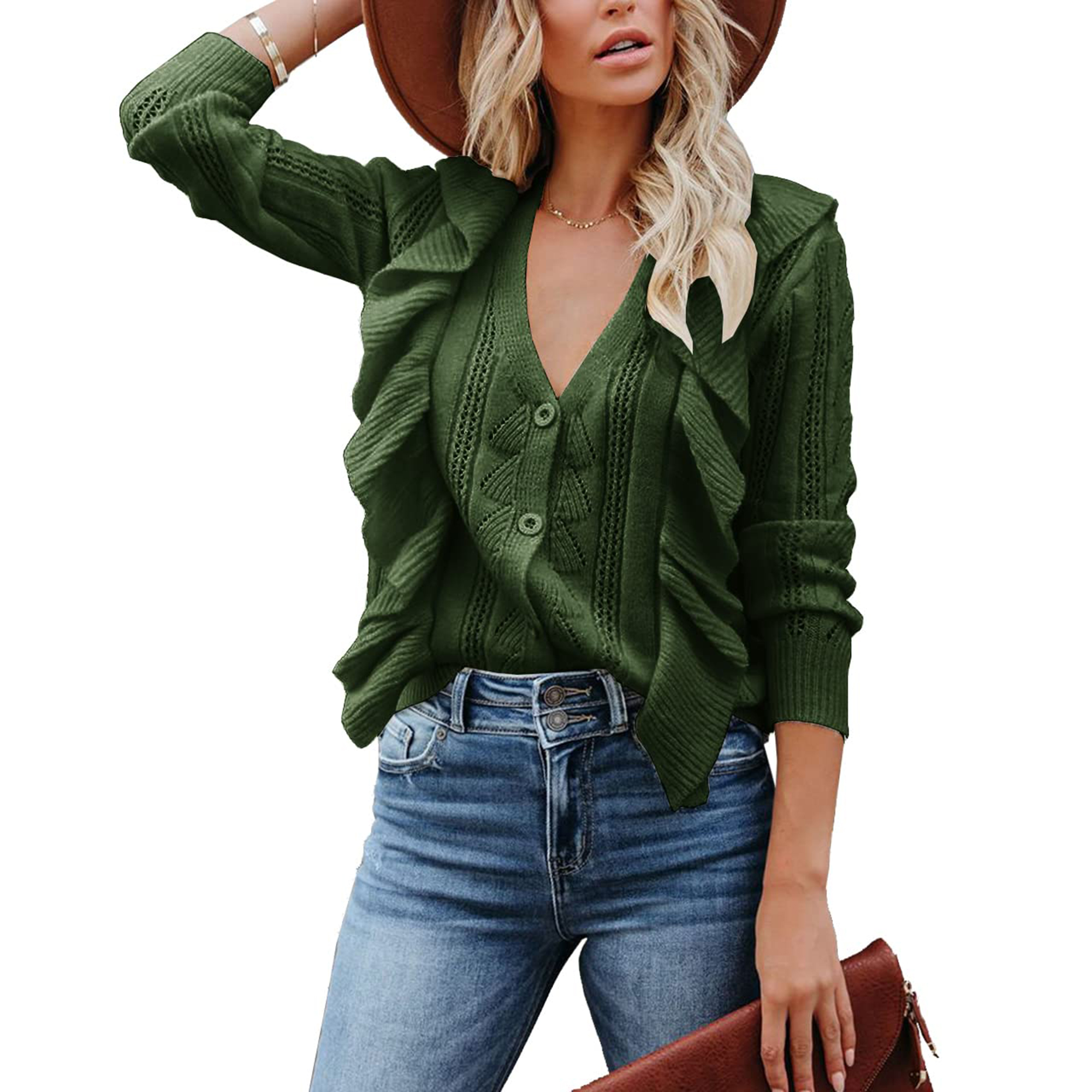 XFLWAM Women Long Sleeve V-Neck Cropped Knit Cardigan Sweaters Pullover - View #3