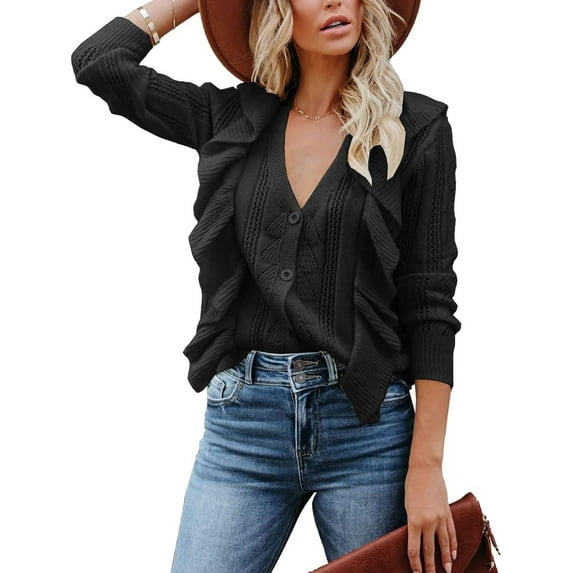 Women's Long Sleeve V Neck Cardigan Open Front Button Down Ribbed Knitted Cardigan Sweater