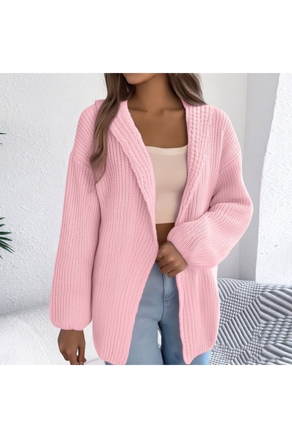 Women's Long Sleeve V-Neck Cardigan Sweater, Soft Acrylic Material with Pockets, Loose Fit Casual Mid-Length Top for Everyday Wear in Cool Seasons