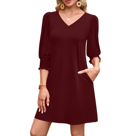 Women's Long Sleeve V-Neck Casual Dress with Elastic Cuffs for Everyday Wear