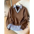 thumbnail image 1 of Women's Long Sleeve V-Neck Collared Pullover Top Loose Fit Casual Fall Winter, 1 of 3