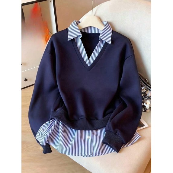 Women's Long Sleeve V-Neck Collared Pullover Top Loose Fit Casual Fall Winter