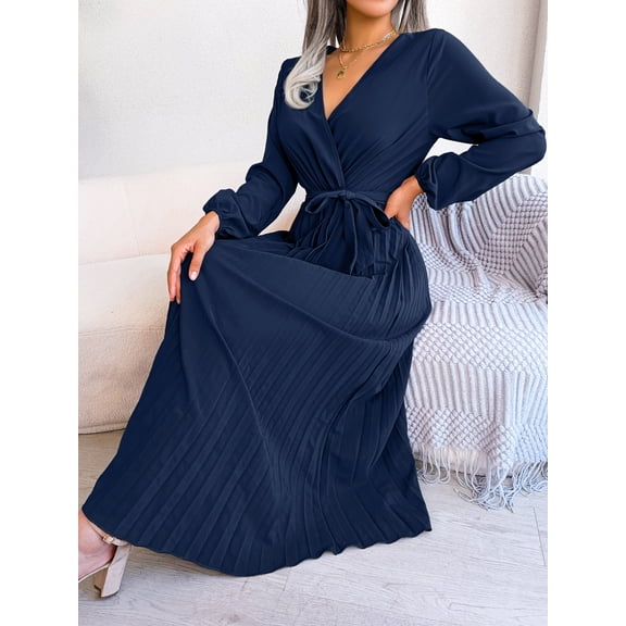 Women's Long Sleeve V-Neck Elegant Dresses for Women Robe with Belt Solid Crisscross Pleated Long Max Dress Mature