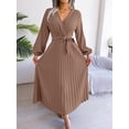 thumbnail image 1 of Women's Long Sleeve V-Neck Elegant Dresses for Women Robe with Belt Solid Crisscross Pleated Long Max Dress Mature, 1 of 7