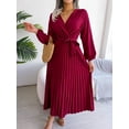 thumbnail image 1 of Women's Long Sleeve V-Neck Elegant Dresses for Women Robe with Belt Solid Crisscross Pleated Long Max Dress Mature, 1 of 6