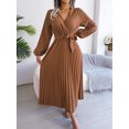 thumbnail image 1 of Women's Long Sleeve V-Neck Elegant Dresses for Women Robe with Belt Solid Crisscross Pleated Long Max Dress Mature, 1 of 7