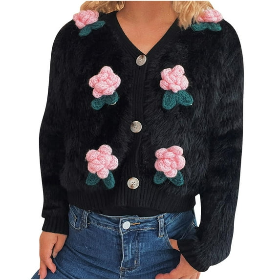 Women's Long Sleeve V-Neck Floral Ornament Knitted Loose Casual Sweater Cardigan