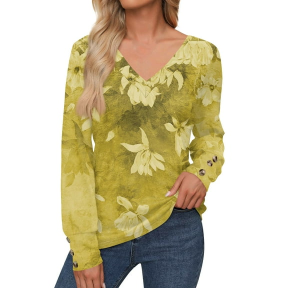 Women's Long Sleeve V-Neck Floral Print Blouse with Button Cuffs Casual Loose Fit Tops for Spring and Summer