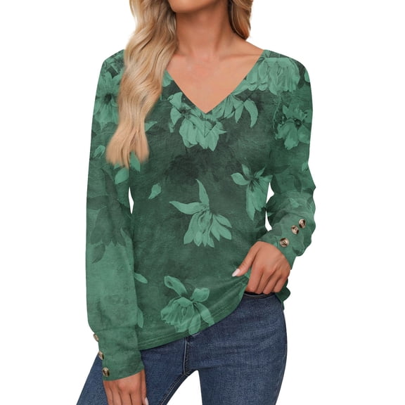 Women's Long Sleeve V-Neck Floral Print Blouse with Button Cuffs Casual Loose Fit Tops for Spring and Summer