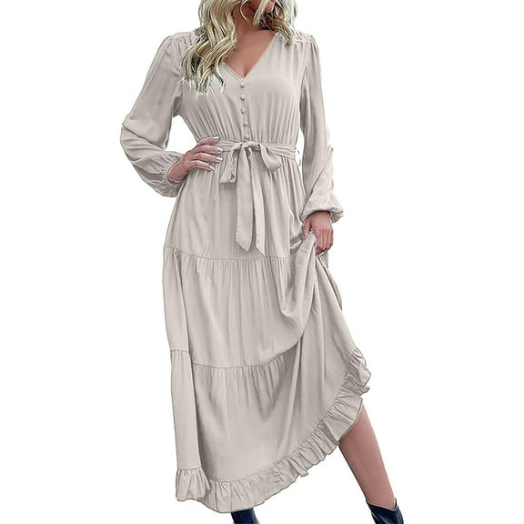 Women's Long Sleeve V-Neck Flowy Tiered Maxi Dress Elegant Belted Chiffon-Like Office Casual Dresses