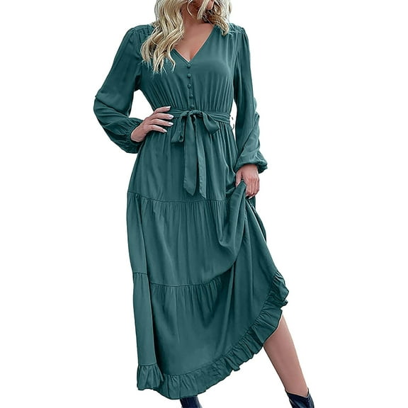Women's Long Sleeve V-Neck Flowy Tiered Maxi Dress Elegant Belted Chiffon-Like Office Casual Dresses