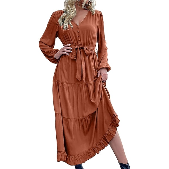 Women's Long Sleeve V-Neck Flowy Tiered Maxi Dress Elegant Belted Chiffon-Like Office Casual Dresses