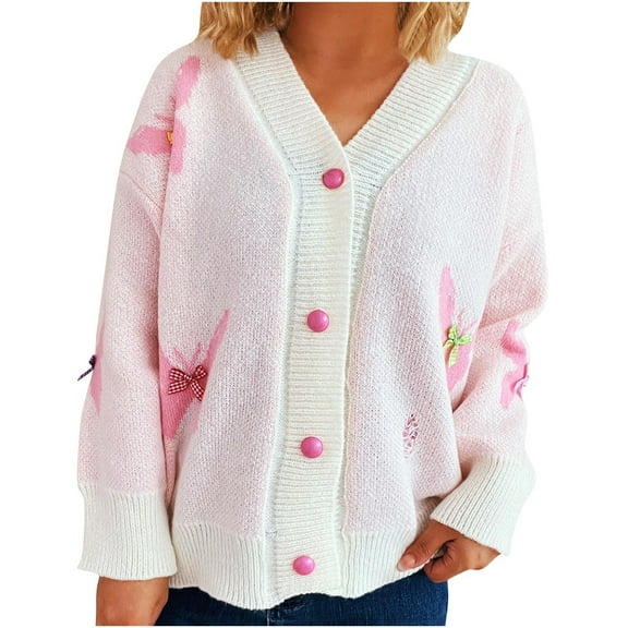Women's Long Sleeve V-Neck Jewelry Knitted Loose Casual Sweater Cardigan