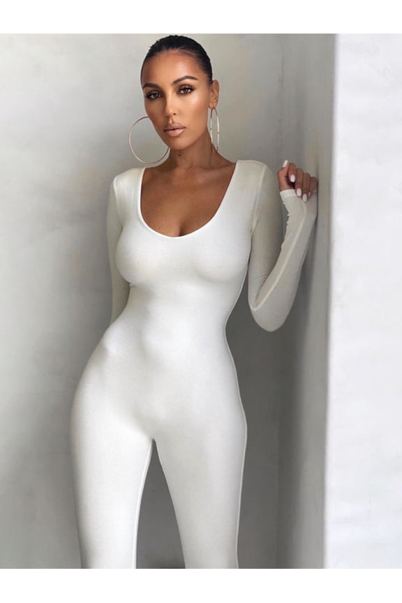 Women's Long Sleeve V Neck Jumpsuit, Stretch One Piece Workout Bodysuit for Fitness, Yoga and Activewear