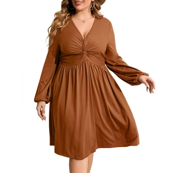 Women's Long Sleeve V Neck Knotted Elastic Front Knee Length Plus Size Midi Dress