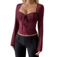 thumbnail image 1 of Women's Long Sleeve V-Neck Lace Top Y2K Hot Girl Style Vest T-Shirt Autumn and Winter Outing Fashion Clothing Deep Red S, 1 of 7