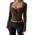 thumbnail image 1 of Women's Long Sleeve V-Neck Lace Top Y2K Hot Girl Style Vest T-Shirt Fall Winter Outing Fashion Clothing Dark Brown XL, 1 of 7