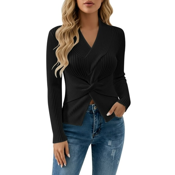 Women's Long Sleeve V Neck Pullover Sweater Ribbed Knit Fitted Women's Black Sweater Soft Sweater Womens