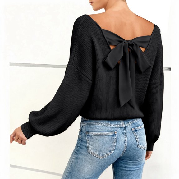 Women's Long Sleeve V Neck Pullover Sweaters Bow Loose Fit Black Sweater Soft Fall Sweaters for Women