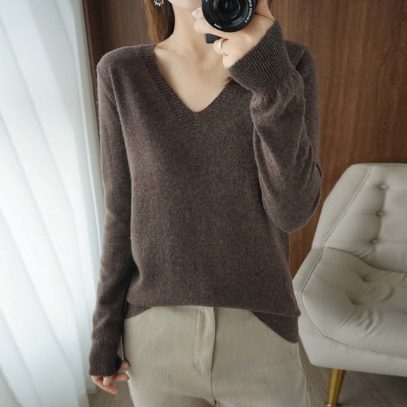 Women's Long Sleeve V Neck Pullover Sweaters Loose Fit Coffee Sweaters Soft Fall Sweaters for Women Trendy
