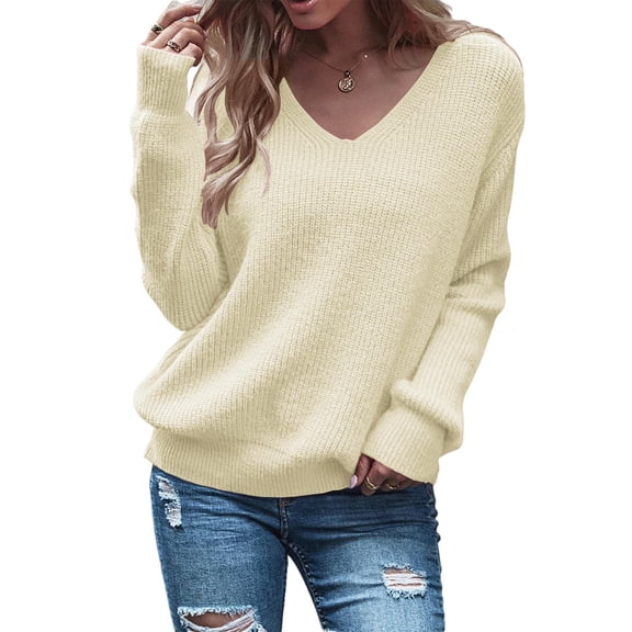 Women's Long Sleeve V Neck Pullover Tops Oversized Chunky Knitted Loose Jumper Sweaters