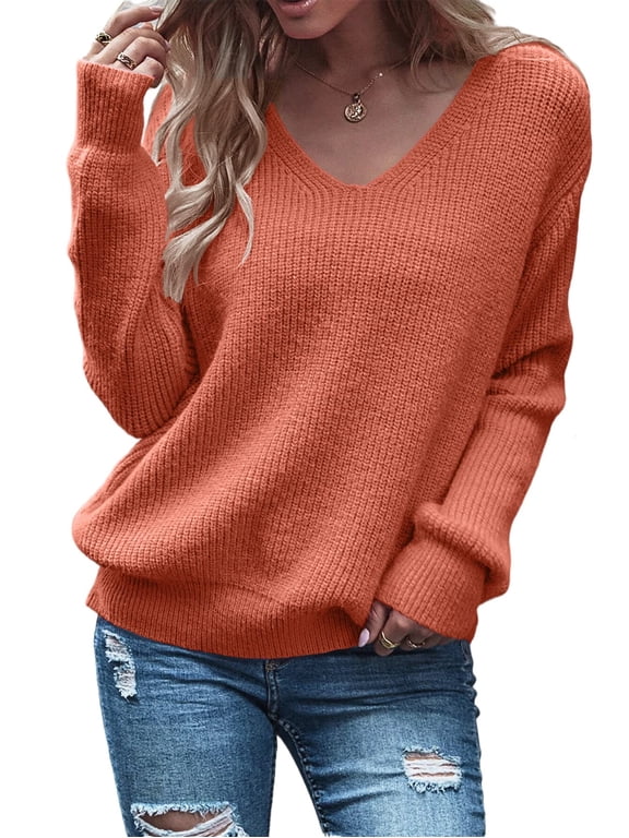 Women's Long Sleeve V Neck Pullover Tops Oversized Chunky Knitted Loose Jumper Sweaters