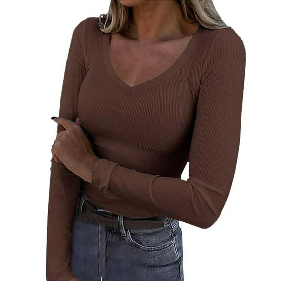 Women's Long Sleeve V-Neck Ribbed Knit Top, Slim Fit Stretchy Casual Tee with Solid Color Design for Daily Wear, Work, Date Nights, and Vacation Outings Brown XXL