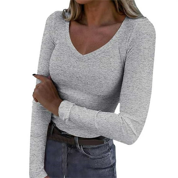 Women's Long Sleeve V-Neck Ribbed Knit Top, Slim Fit Stretchy Casual Tee with Solid Color Design for Daily Wear, Work, Date Nights, and Vacation Outings Gray2 S