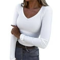 thumbnail image 1 of Women's Long Sleeve V-Neck Ribbed Knit Top, Slim Fit Stretchy Casual Tee with Solid Color Design for Daily Wear, Work, Date Nights, and Vacation Outings White1 S, 1 of 4
