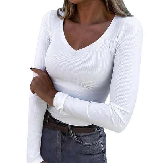 Women's Long Sleeve V-Neck Ribbed Knit Top, Slim Fit Stretchy Casual Tee with Solid Color Design for Daily Wear, Work, Date Nights, and Vacation Outings White1 S
