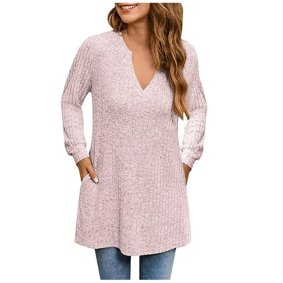 Women's Long Sleeve V Neck Ribbed Knit Tops Tunic Shirt Casual Trendy Solid Mid-length Pullover Sweater Pink,XL