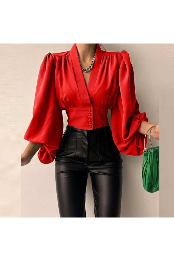 Women's Long Sleeve V Neck Ruffle Blouse Off Shoulder Button Waist Wrap Tops Solid V Neck Lantern Sleeve Buttons Pullover Blouse Shirt Women Spring Casual Draw Back Short Tops