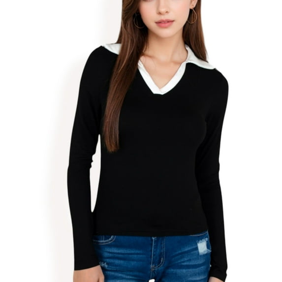 Women's Long Sleeve V-Neck Shirt with Contrast Collar - Medium, Black